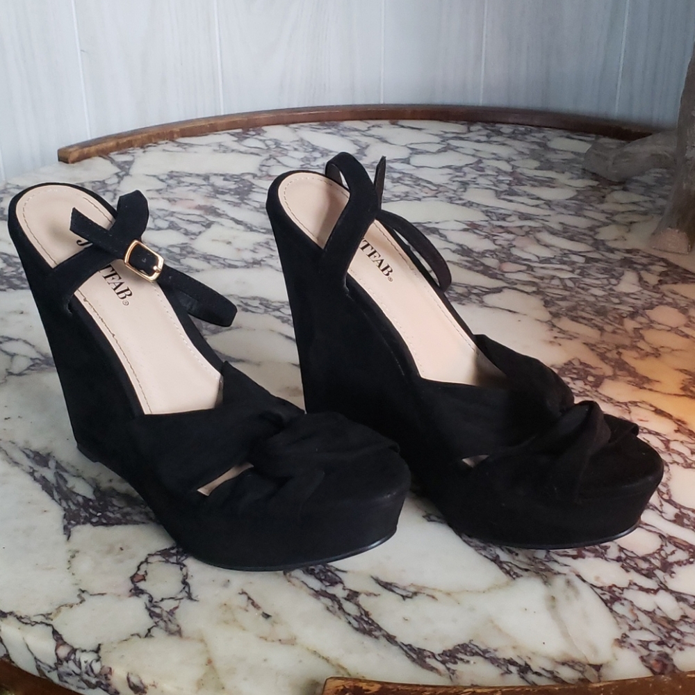 Retro Black Platform Wedge Pin Up Boudoir Heels